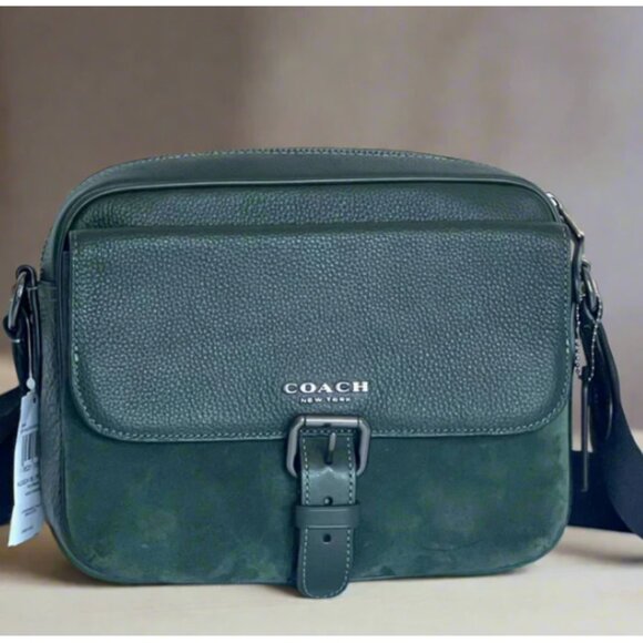Coach Hudson Suede Messenger Shoulder Bag Leather Crossbody Green CB906 - Picture 1 of 12